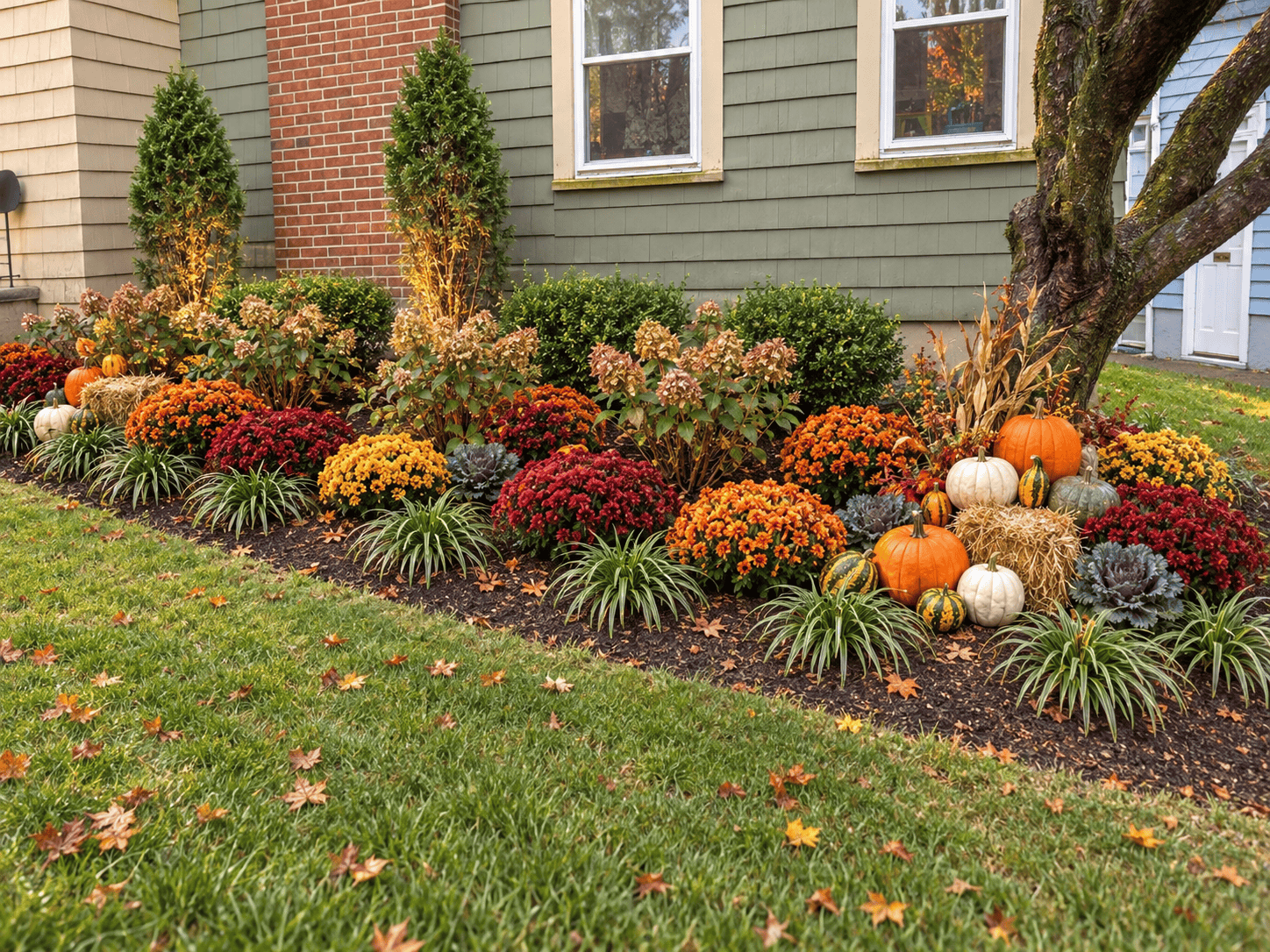 Fall seasonal landscape concept with mums, pumpkins, ornamental kale and corn stalks