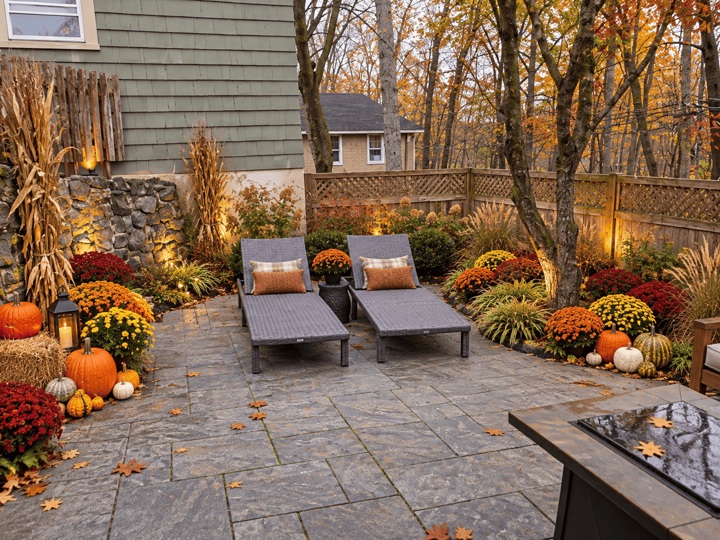Fall patio display concept with mums, pumpkins, gourds and corn stalks